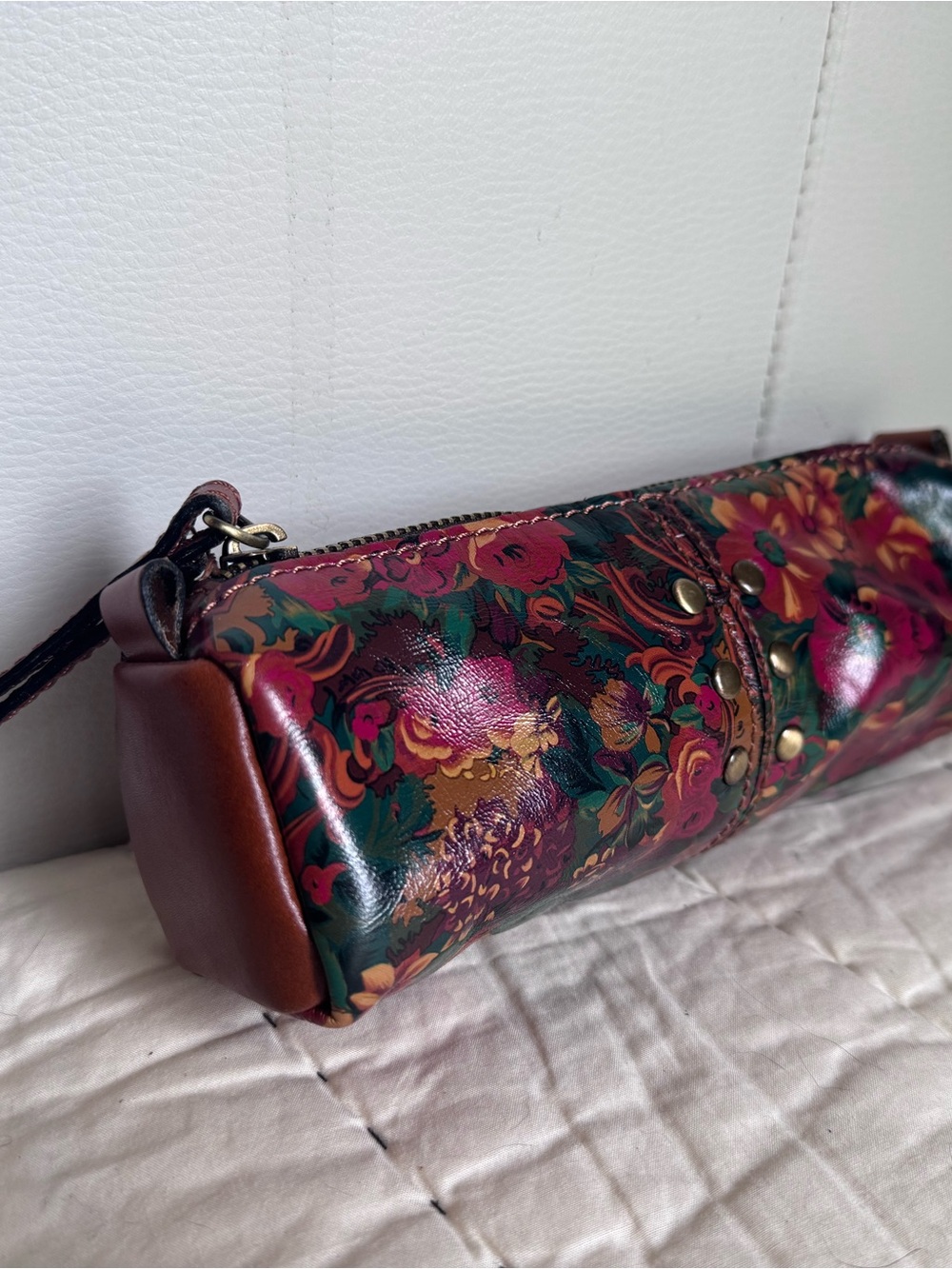 Patricia Nash Isla Oblong Leather Wristlet, Floral with Brown Trim